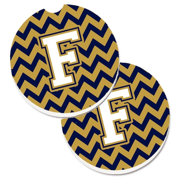 Carolines Treasures Letter F Chevron Navy Blue and Gold Set of 2 Cup Holder Car Coaster CJ1057-FCARC - main